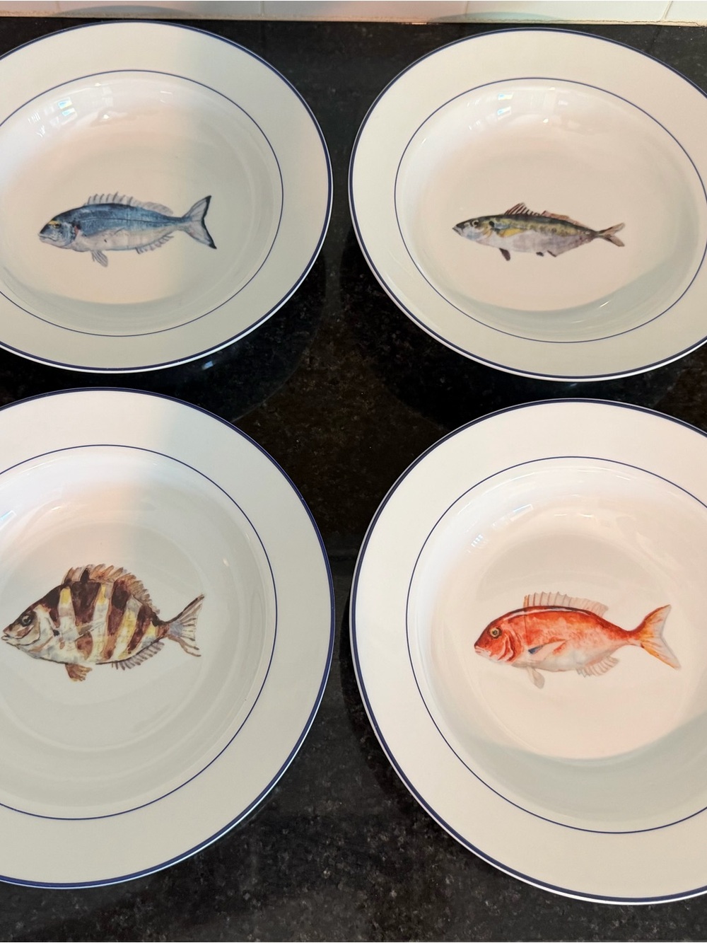 Set of 4 Williams Sonoma La Mer Marc Lacaze Ceramic Fish 10.5" Soup Pasta Bowls